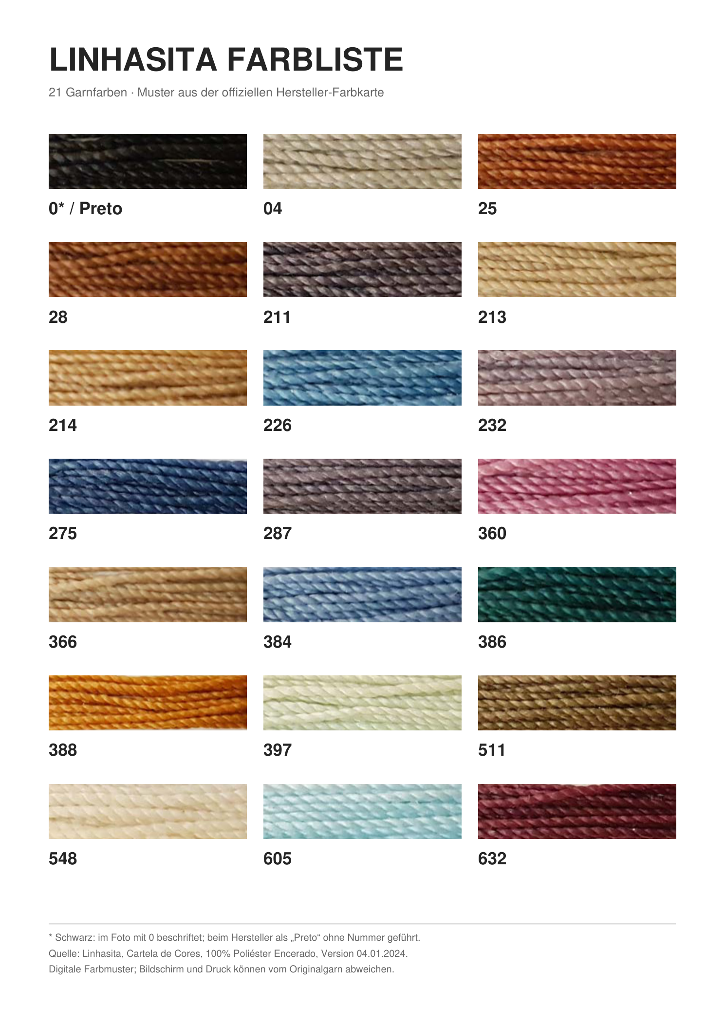 Linhasita Farbliste mit 21 Farben und Farbnummern